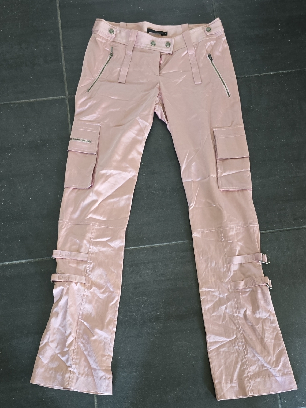 Satin Stretch Light Pink Cargo Pants with Side Straps/Cargo Pockets